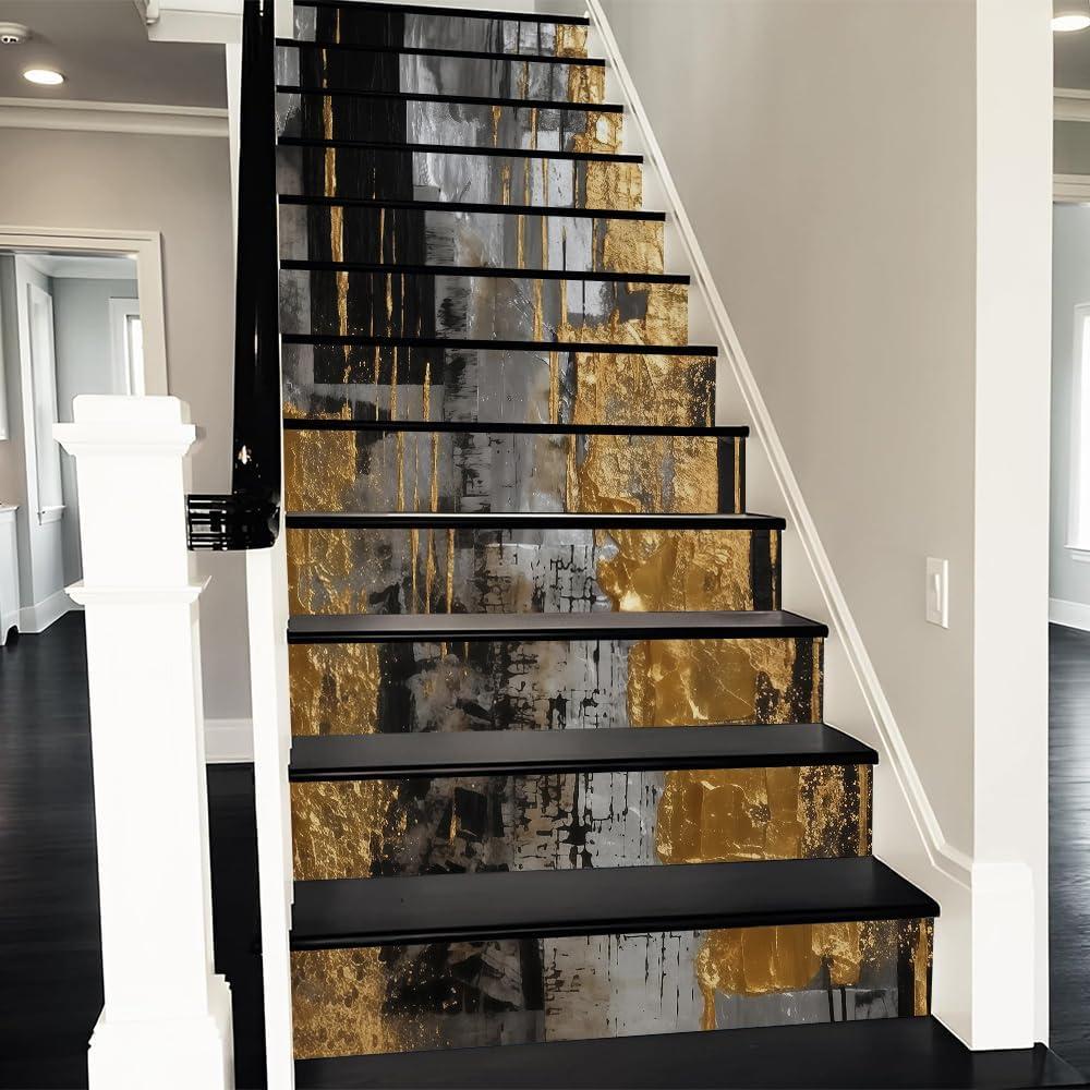 REDAMANCY Abstract Gold Black Grey Geometric Art Peel and Stick Vinyl Stair Riser Decals Staircase Tile Stickers Decor Modern Marble Decoration Self-Adhesive(14 Pcs) (Stad-063)