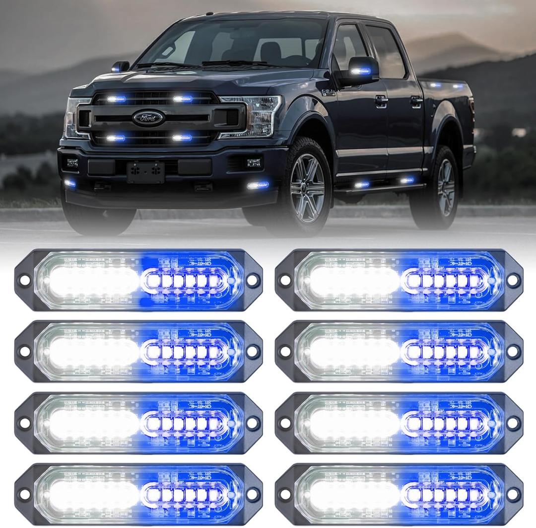 8-Pcs 12 LED Sync Feature Emergency Strobe Grille Lights Ultra Slim Surface Mount Hazard Warning Flashing Light Bar for Firefighter/Construction/Police/Trucks/Vehicles/Car/SUV (Blue/White)