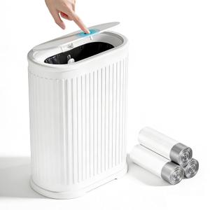 1.8 Gallon Press Top Small Garbage Can with Lid, White Stainless Steel Garbage Can, Removable Inner Garbage, Includes 60 Garbage Bags, Slim Narrow Space Saving for Bathroom, Bedroom