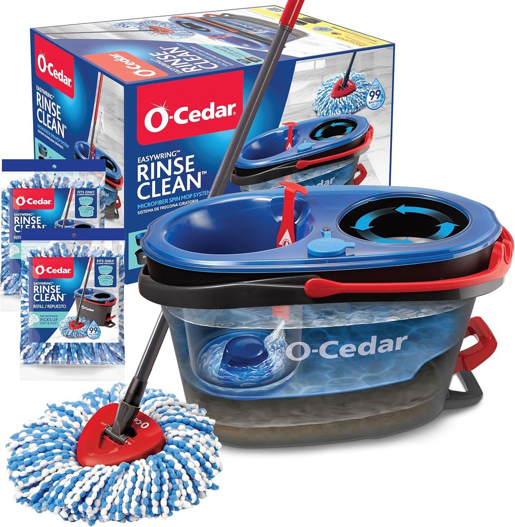 O-Cedar Rinse Clean Spin Mop & Bucket System + 2 Extra Mop Heads | Clean with Water | Removes 99% of Bacteria