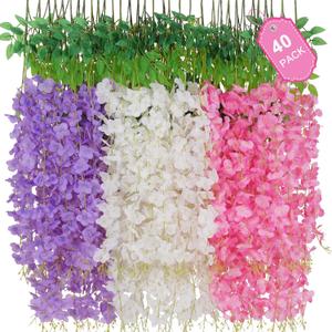 40 Pack Pink Purple White Wisteria Hanging Flowers, Fake Hanging Flowers for Decoration,Vines for Bedroom, Wisteria Flower Garland for Home, Party, Wall, Wedding Decoration, Baby Shower(3.6 Ft/Pcs)