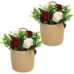 2 Pack Wall Hanging Rope Basket with Artificial Roses Eucalyptus Farmhouse Decor, Jute Basket Floral Arrangement for Entryway Kitchen Bedroom Living Room Home Decorations - Burgundy Champagne