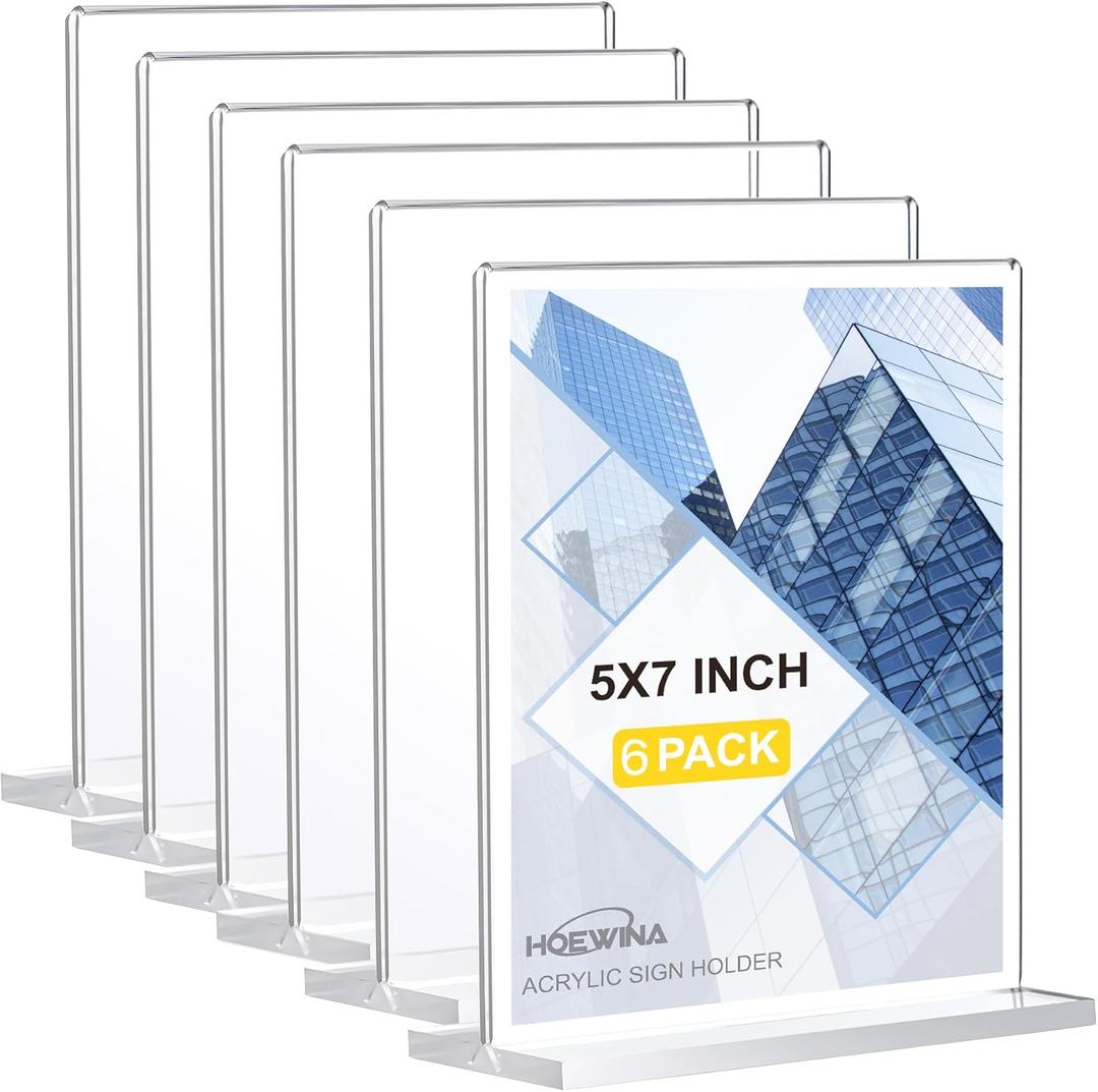 Acrylic Sign Holder 5 x 7 Inch 6 Pack - acrylic display stands for Store table sign holder - Vertical Double-Sided Acrylic Stands, Vendor Booth Display Items - Flyer Holder & Plastic Paper Holder - Acrylic Frame for Restaurants, Office, Home, Store