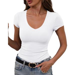 GEMBERA Womens' Stretchy V Neck Short Sleeve Form Fitted Casual Basic Top T-Shirts (Small)