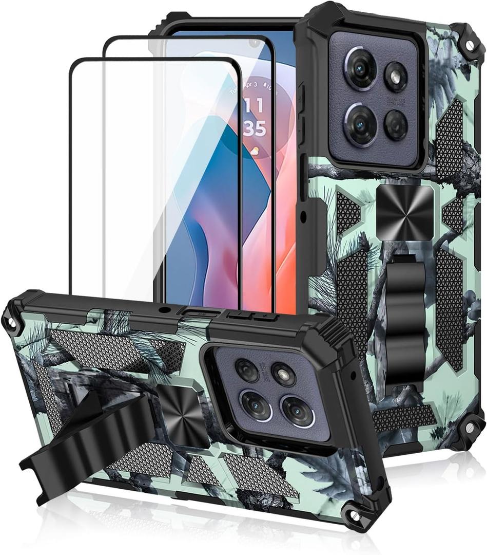 for Motorola Moto G Power 2025/ Moto G Play 2025 Case, with 2 Pack Tempered Glass Screen Protector, Military Grade, Kickstand with Magnetic Car Mount, Protective Phone Case - Light Green