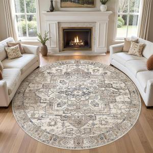8ft Round Rug: Washable Vintage Tea Brown Area Rugs for Living Room