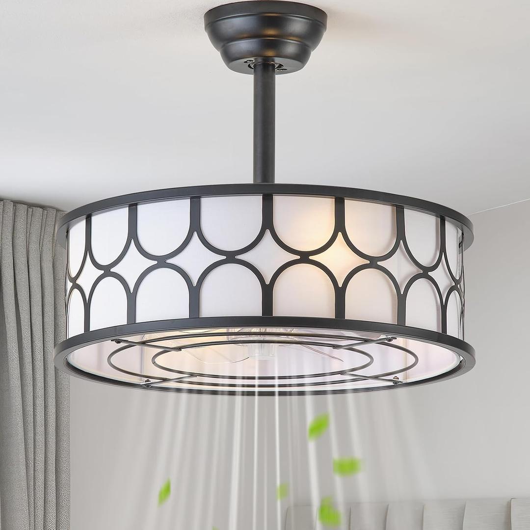 20" Black Boho Fandelier Ceiling Fan with Lights, Caged Bladeless Ceiling Fan with Light Remote Control, Chandelier with 6 Speeds for Bedroom, Nursery, Living Room