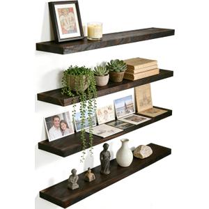 24 Inch Rustic Wood Floating Shelves Farmhouse Wooden Wall Shelves for Bathroom Bedroom Living Room Kitchen Office Set of 4 Brown