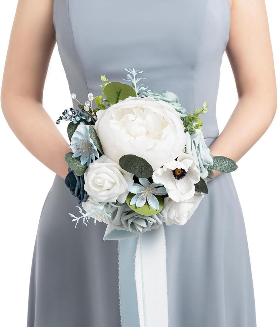 Ling's moment Dusty Blue Artificial Wedding Flower Bouquets for Bridesmaids White Floral Bouquet Light Blue Bridal Bouquets for Bridesmaids with Ribbon Ceremony Anniversary,7-inch Diameter
