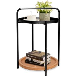 Deerlove 2 Tier Round Side Table, 16" Small Metal End Table with Removable Wooden Tray, Round Accent Sofa Coffee Side Table for Living Room, Bedroom, Balcony (Black)