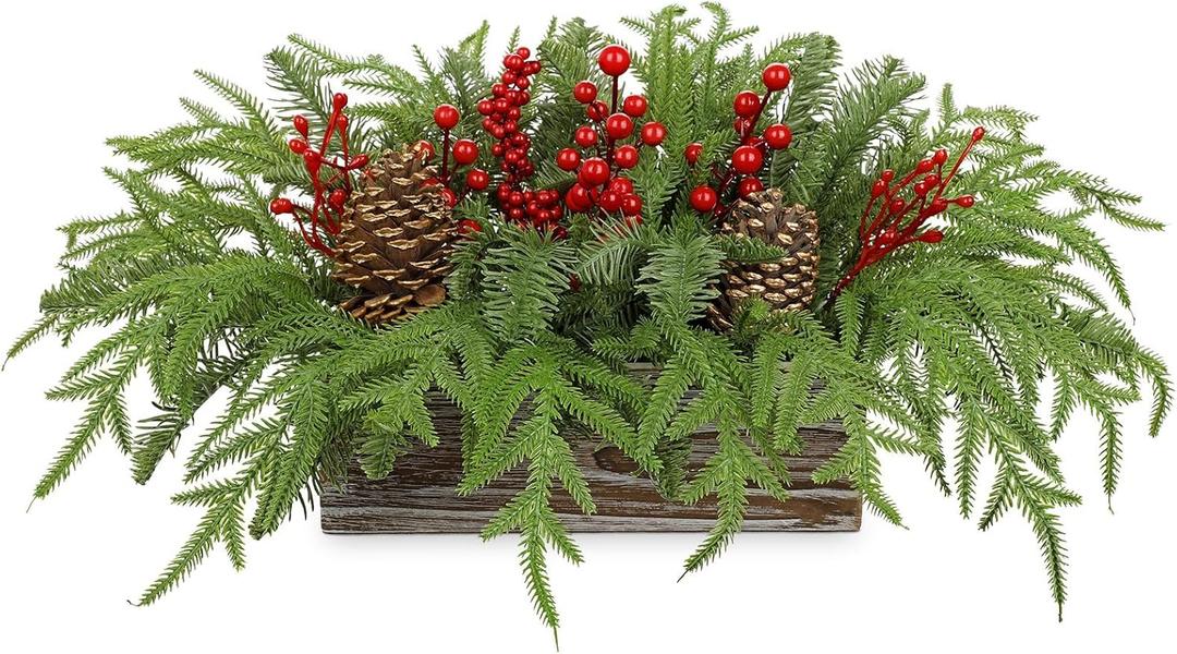 Table Centerpiece, Norfolk Pine Pinecones with red Seed in Pot Artificial Xmas Plants Fake Greenery Stems in Brown Rectangular Wooden Pots for Christmas Table Centerpiece Christmas Decor Decor