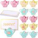 Kigley 18 Pcs Teapot Wooden Place Card Holder with 25 Pcs Gold Foil Card Tea Floral Party Wooden Table Sign Teapot Picture Number Sign Stands Holder for Wonderland Tea Party Baby Shower (Cute)