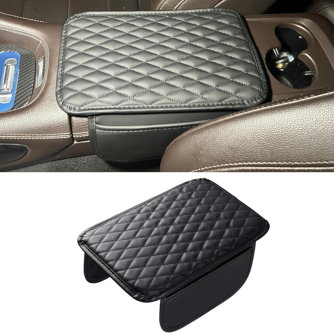 Upgraded Car Middle Center Console Cover with 2 Storage, Universal Microfiber Leather Car Armrest Cover Cushion Universal Vehicle Middle Console Cover, Most Vehicles, SUV, Truck (Black)