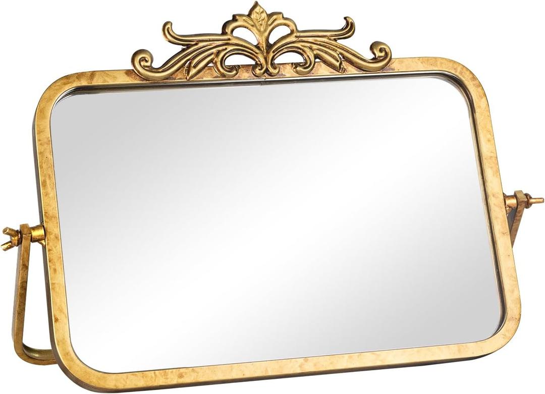 GIFTTROVE Vintage Makeup Desk Mirror, 7.9" L x 11.8" W Antique Gold Vanity Table Mirror, Metal Framed Rectangular Small Standing Mirrors, 360 Adjustable Rotation Mirrors for Tabletop, Bathroom