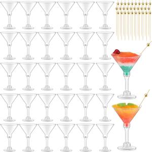Baderke 30 Pack Plastic Martini Glasses with Gold Pearl Cocktail Picks Disposable Clear Mini Cocktail Cups Dessert Glasses for Wedding Party Wine Appetizers (Stemed 5 oz, Clear Base)