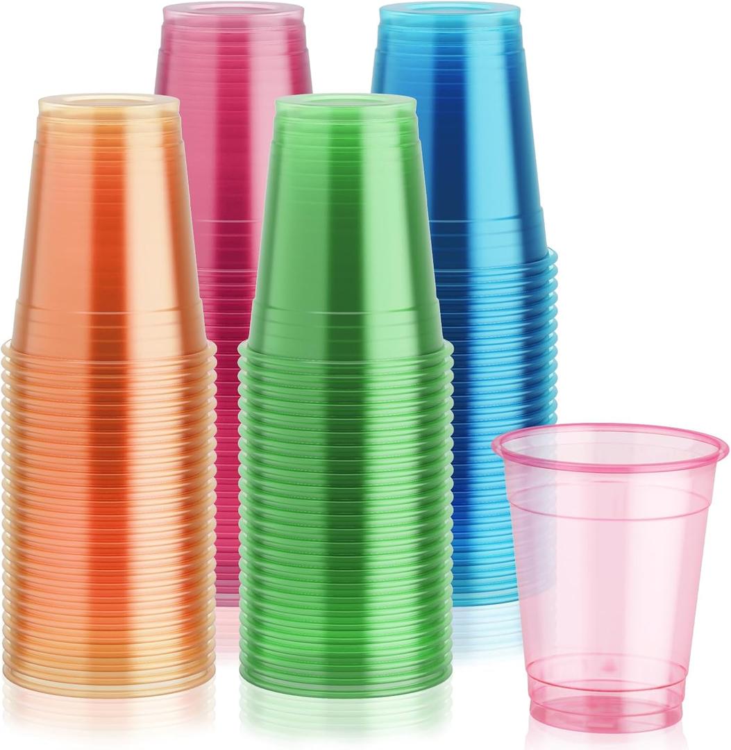 Lilymicky 100 Pack 12 oz Plastic Cups, Neon Glowing Plastic Party Cups, Assorted Neon Colors for Parties, Carnivals, and Any Events