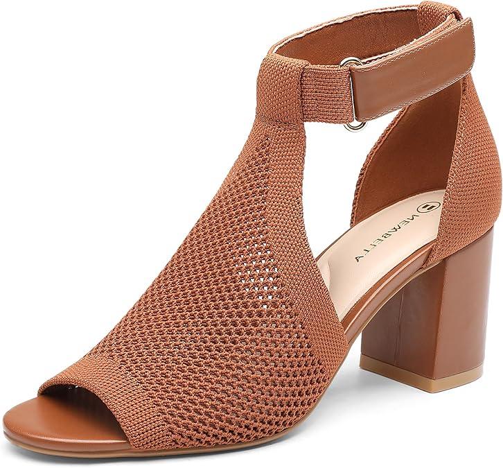 NEWBELLA Women's Knit Ankle Strap Sandals - Open Toe Block Heel Pumps, Breathable Comfortable Summer Heels for Casual Outings, Brown 8.5