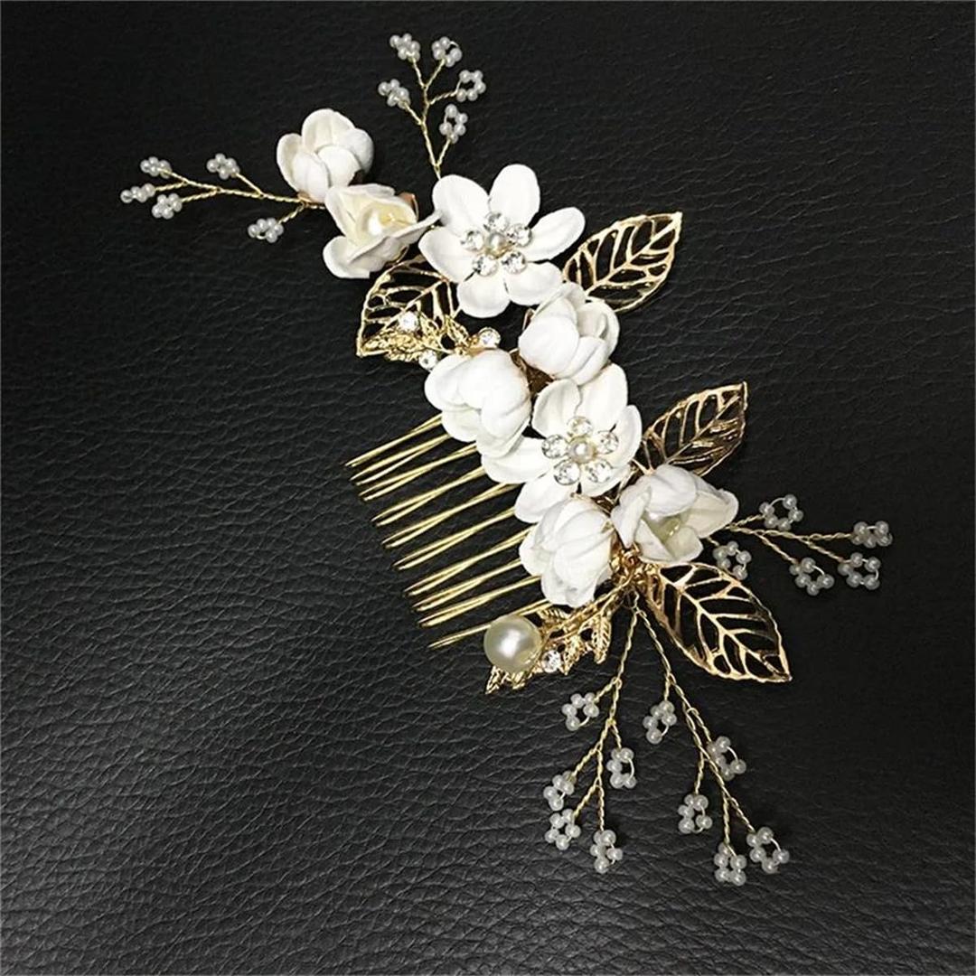 Bride Wedding Hair Comb Pearl Flower Hair Piece Rhinestone Bridal Hair Accessories for Women (White)