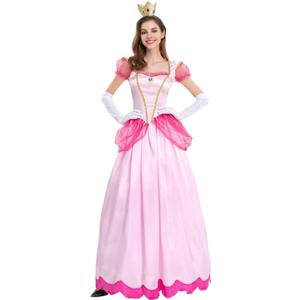 Princess Peach Costume Adult Puff Sleeve Long Dress+Glove +Crown 3Pcs Fairy Outfit Halloween Christmas Carnival Cosplay XXL