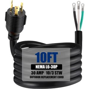 Kanayu 10 ft 10 Awg 3 Prong Replacement Power Cord Compatible with Nema L6-30p, 30 Amp 250v Welder Extension Cord with Open End for Welder Garage Heater Air Compressor, Etl Listed