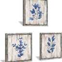 Leaves Wooden Wall Art Plant: Natural Botanical Print on Rustic Wood Artworks Painting Framed for Dinging Room (12x 12x 3 Panels)