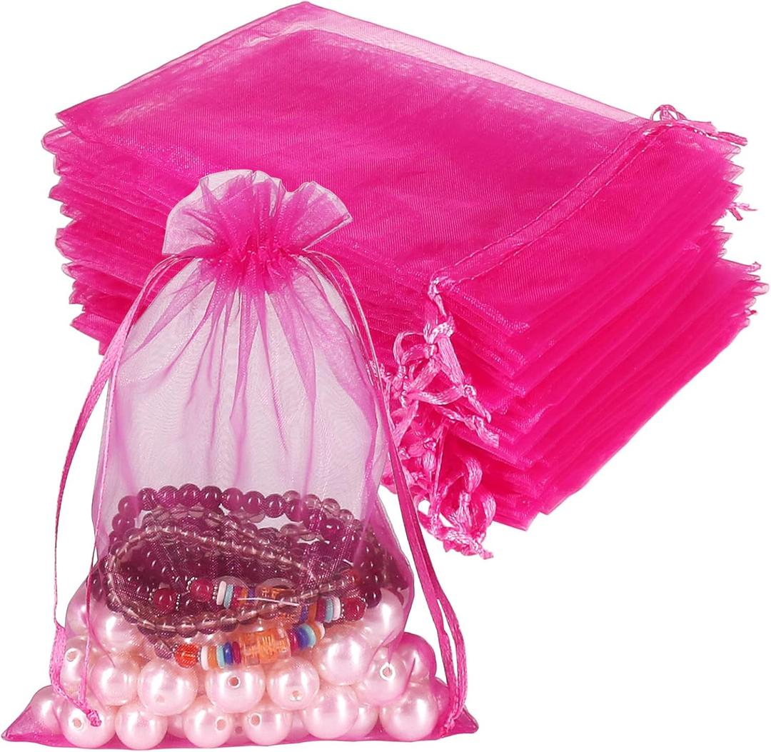 HRX Package Hot Pink Organza Bags 100pcs, 5 x 7 inch Mesh Drawstring Gift Bags Jewelry Pouches Small Sachet for Christmas Candy Party Favor