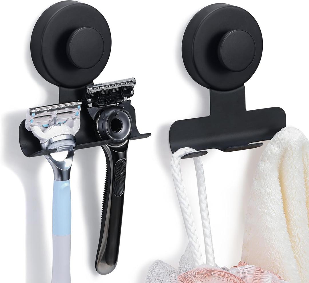 Suction Cup Razor and Shaver Holder for Shower Wall, Stainless Steel Reusable Suction Hook for Towel and Loofah, Damage-Free Installation (2, Matte Black)