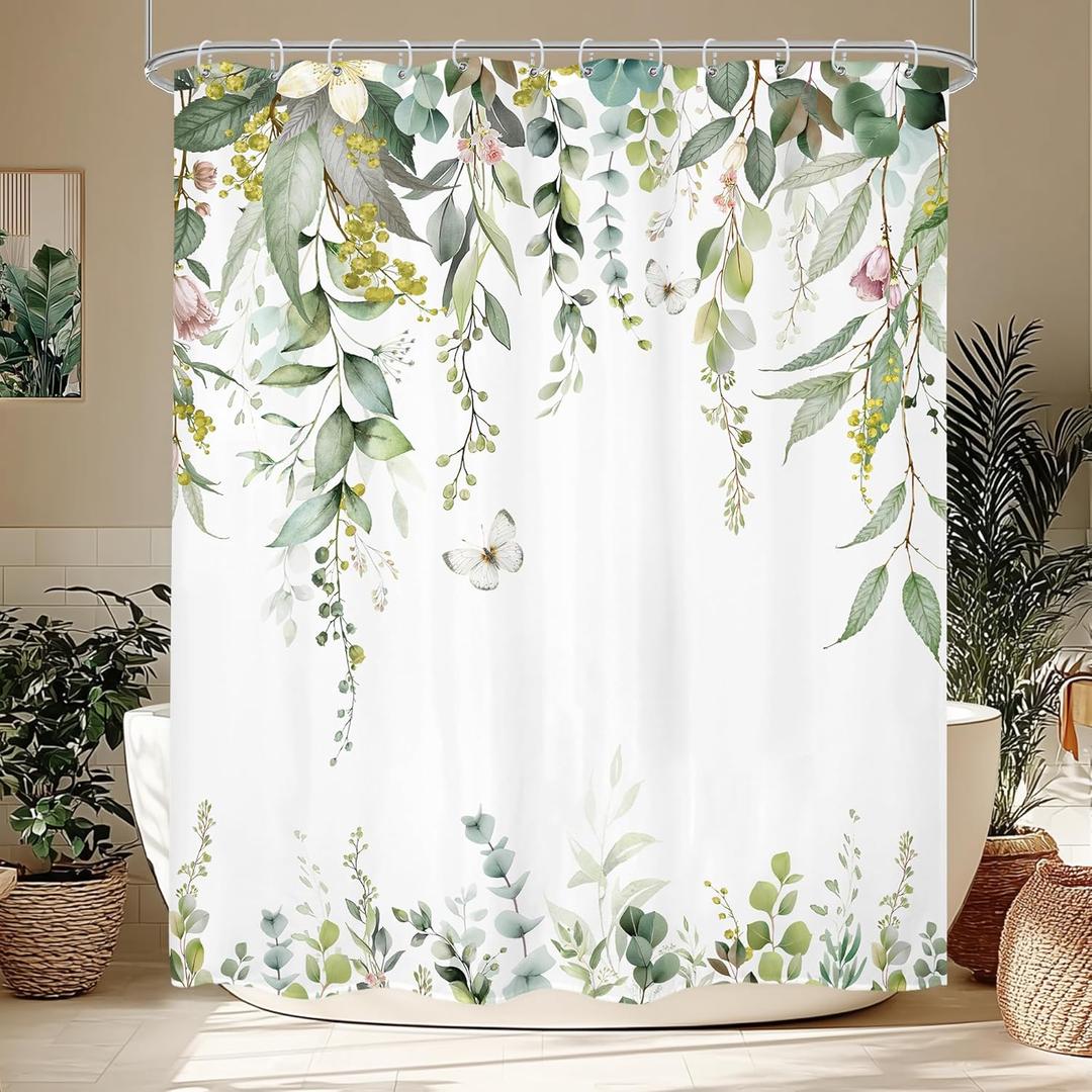 LIGHTINHOME Sage Green Shower Curtain 72Wx72H Inches, Watercolor Eucalyptus Leaves Spring Bathroom Curtains, Botanical Plants Floral Waterproof Fabric Shower Curtains for Bathroom Decor with Hooks