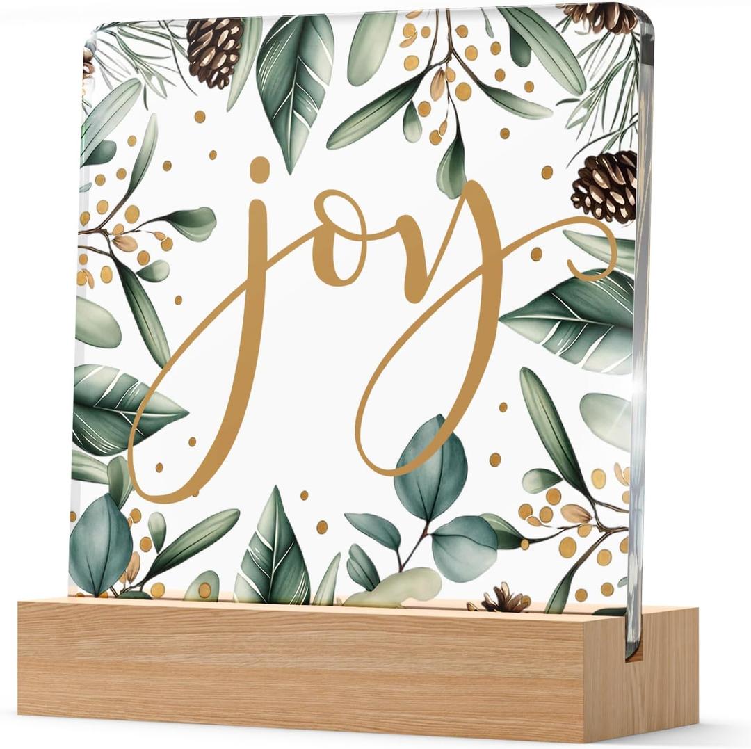 YAANUNULU Christmas JOY Pinecone Pattern Indoor Decorations for Home Office Desk Livingroom Fireplace, Merry Christmas Acrylic Heart Shaped Gifts for Women Wife Friends, Winter Holiday Home Decor