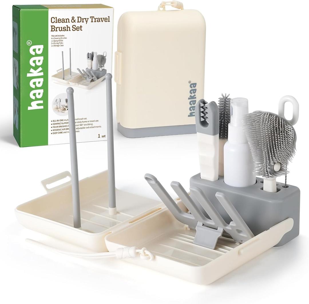 haakaa Travel Bottle Brush Set 7-in-1 Baby Bottle Cleaner Kit with Bottle Brush, 360 Brush, Straw Brush, U-Shaped Brush, Spray Bottle & Drying Rack for Home and Travel