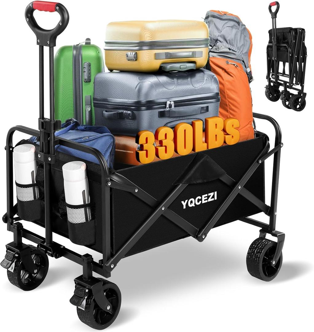 Collapsible Wagon, Large Capacity Camping Wagon with Wheels and Adjustable Handles - Foldable for Shopping, Fishing, Sports, Outdoor, Camping, Beaches - Black