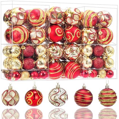 100Pcs Shatterproof Christmas Ornaments Set for Tree Large Christmas Tree Baubles Bulk Christmas Decor with Assorted Designs Perfect Christmas Ball Ornaments for Holiday Decorating, Red Gold