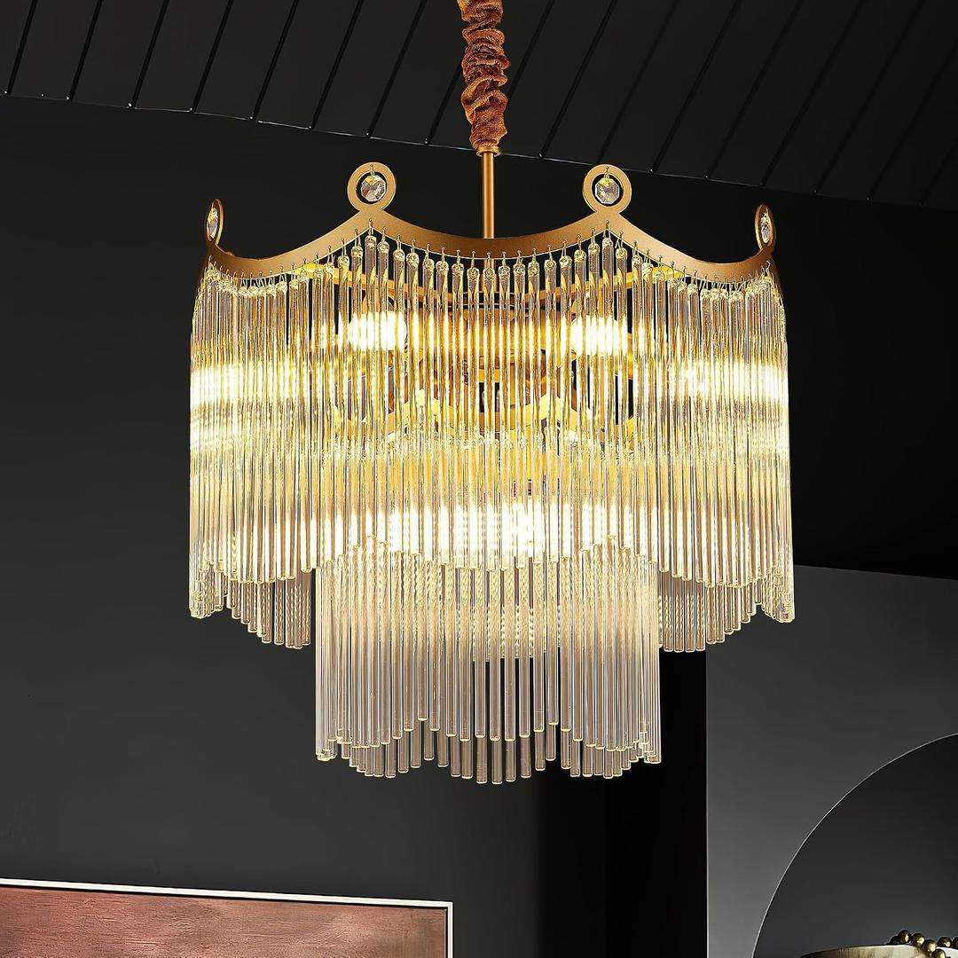 17.9" Modern Glass Gold Chandelier Light Fixture Luxury Glam 2-Tier Crystal Chandeliers for Dining Room 8-Light Round Hanging Ceiling Pendant Lighting for Living Room Kitchen Bedroom Foyer