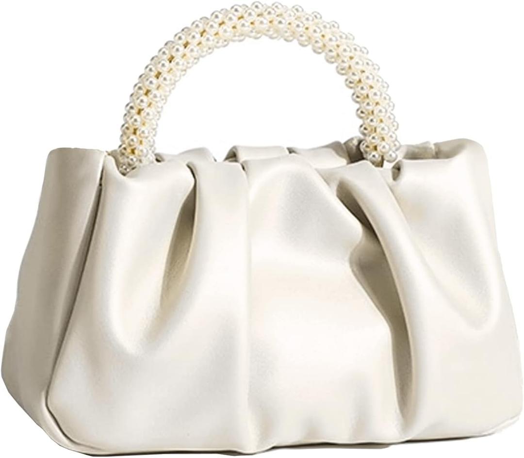Beatfull Evening Purse Women Small Pearl Handbags Soft Leather Ruched Bag Wedding Bridal Clutch Party Prom Crossbody Purses (White)