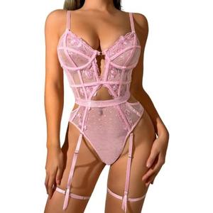 Kaei&Shi Floral Embroidered, Underwire, Removable Garter, Thigh Straps, Backless Bodysuit. Size S