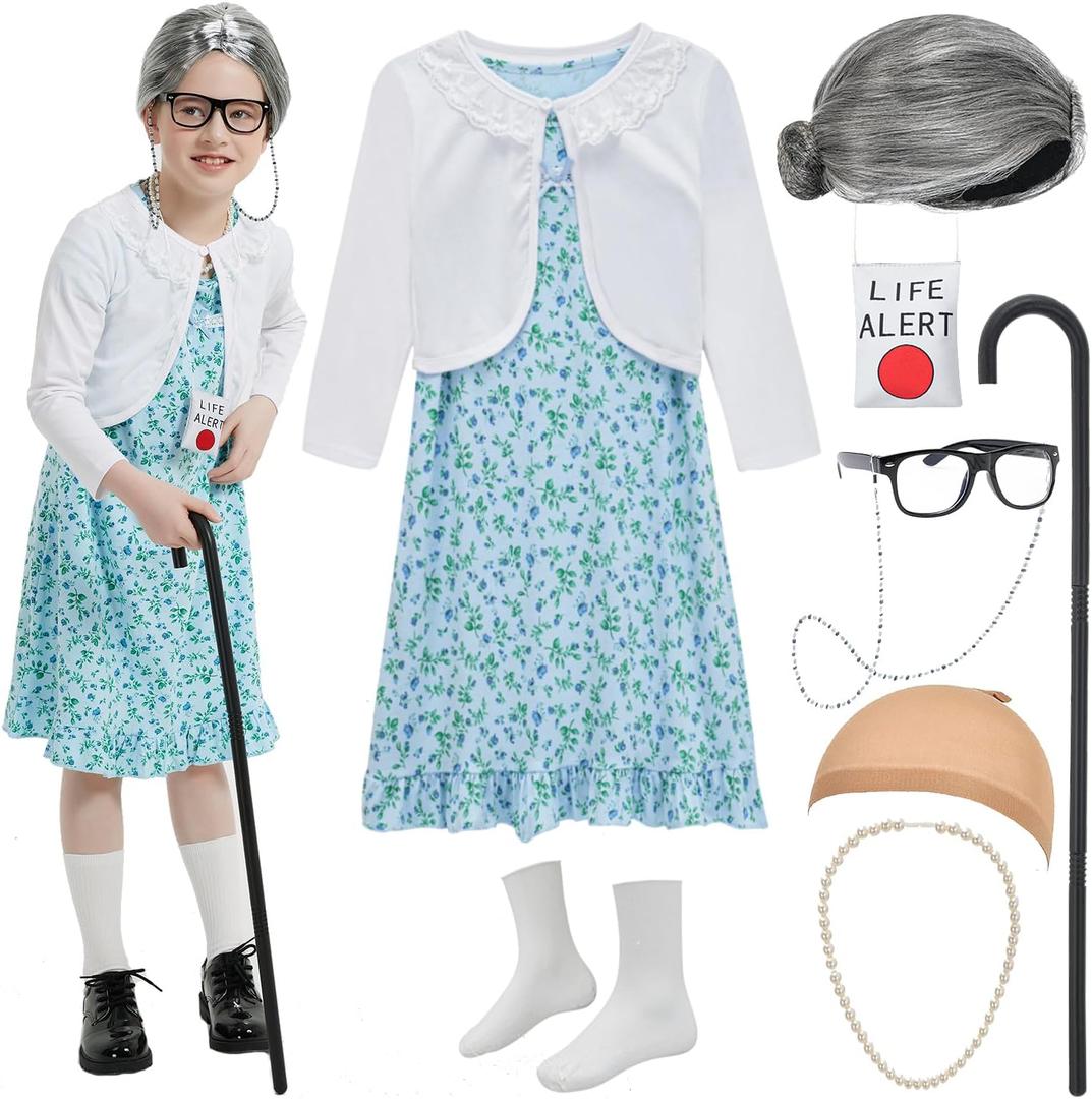 Old Lady Costume for Girls 100th Day of School Costume Grandma Granny Dress with Wig for Kids (Small(5-7yr))