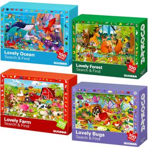 QUOKKA 100 Piece Puzzles for Kids Ages 46 – 4xSET Jigsaw Puzzles for Kids Ages 68 – Educational Search & Find Game with Animals, Bugs for Childrens 58 – Toddler Learning Toy Gift for Boys and Girls