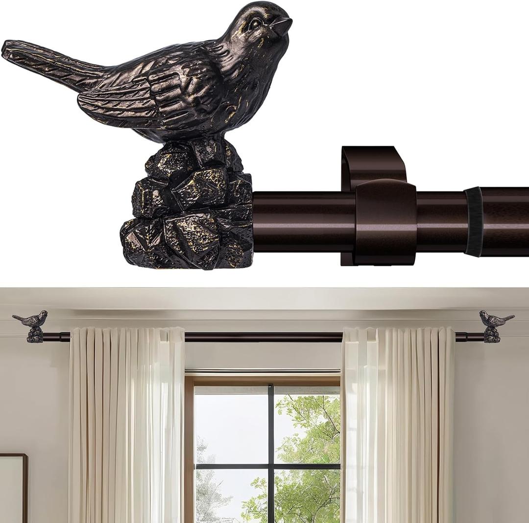 Curtain Rod 36 to 72 Inches Vintage Oil Bronze Curtain Rods for Windows Adjustable Heavy Duty Drapery Rod with Bird Finials for Living Room Bedroom