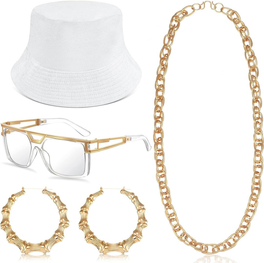 Sintege 80s 90s Outfits Accessories for Men Women Hip Hop Costume Kit,Rapper Outfits Hip Hop Jewelry Set for Women Men (White)