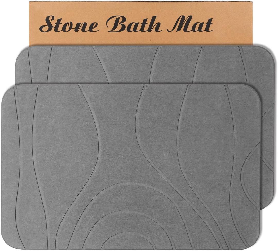 Stone Bath Mat, 2 Pack Diatomaceous Earth Shower Mat, Non-Slip Super Absorbent Quick Drying Bathroom Floor Mat, 24x15, Grey