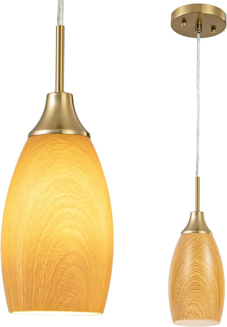 Viinew Mini Glass Pendant Light 4.72" Walnut Wood Grain Pendant Lights 1-Pack Handblown Art Oval Glass Hanging Pendant Light for Kitchen Island Dining Room Living Foyer Hallway Entry Brushed Gold