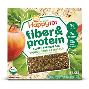 Happy Tot Organics Fiber & Protein Soft-Baked Oat Bars Toddler Snack Apple & Spinach, 0.88 Ounce Bars, 5 Count Box (Pack of 6), Best Before: 10/07/2025