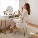 LITZFUR Round Vanity Stool with Storage & Folding Back, White Makeup Chair | Teddy Fleece Vanity Chair with 4 Gold Legs, Footrest Stool, Storage Seat for Bedroom, Living Room, 15.7×15.7×19.5 Inches