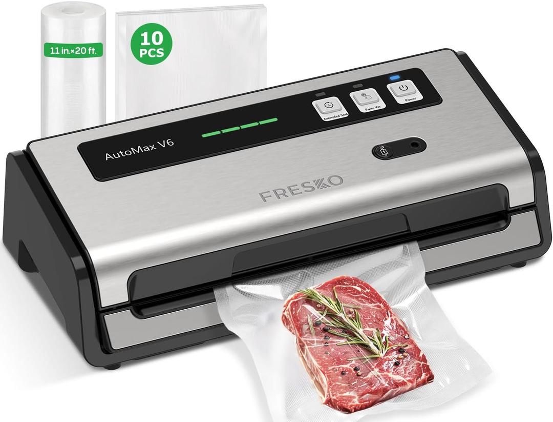 FRESKO Food Vacuum Sealer with Automatic Bag Detection, 0.2-inch Widened Heating Strip, Built-in Bag Roll Storage & Cutter, 2 Rolls Bags, Starter Kit (Large, Silver)