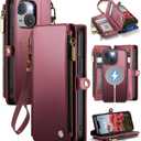 Defencase for iPhone 14 Magnetic Wallet Case Compatible with Magsafe with RFID Blocking Zipper & Card Holder for Women Men, PU Leather Strap Detachable Phone Case for iPhone 14 (6.1 inches), Wine Red