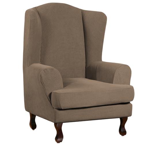 Turquoize Wingback Chair Covers 2 Piece Wing Chair Slipcover Stretch Slipcovers for Wingback Chairs Spandex Jacquard Fabric with Elastic Bottom Non-Slip Furniture Cover, Macchiato
