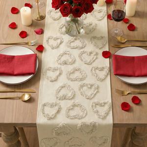 Artoid Mode Beige Soft Plush Heart Valentines Table Runner, Seasonal Partial Tufting Kitchen Dining Table Decoration for Home Party Decor 13x90 Inch