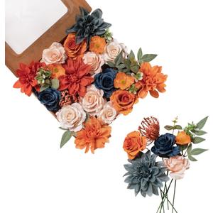 FANKO Rose Artificial Flowers Combo for DIY, Fake Burnt Orange & Navy Blue Rose Silk Flowers Greenery, Faux Flowers for Wedding Bridal Bouquet, Table Centerpieces, Floral Arrangement, Home Decoration