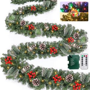 Remote Control&Super Long&8 Modes-18 Ft Prelit Canyon Pine Christmas Garland for Stairs Door Porch Outdoor Indoor Fireplace Mantle,100 Warm White&Colors Switch Lights,Timer,460 Branches Pinecone Berry