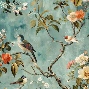 Light Blue Green Vintage Bird Cream Orange Flowers Peel and Stick Wallpaper Contact Paper Vintage Vinyl Stick on Wall Paper for Bedroom Bathroom Kitchen Cabinet Renter Friendly (17.7" x 118")